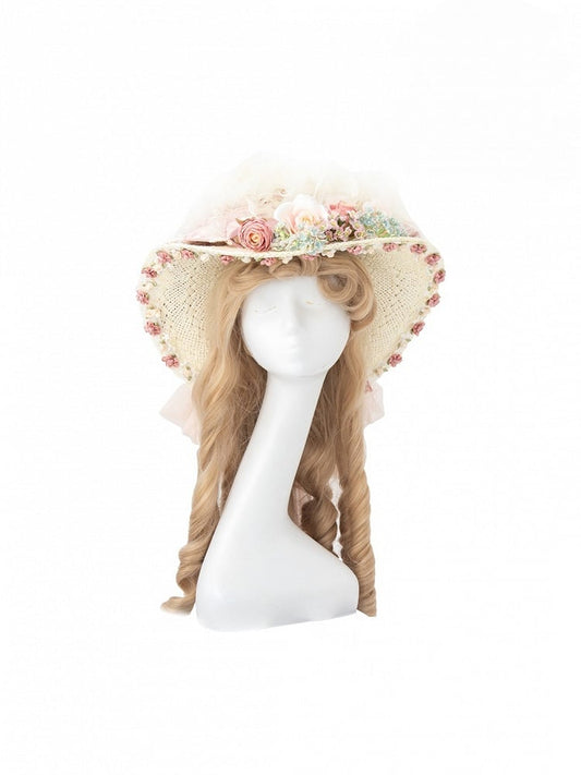 Lolita Straw and Wide-Brimmed Feather Hat Beige Flower Embellished