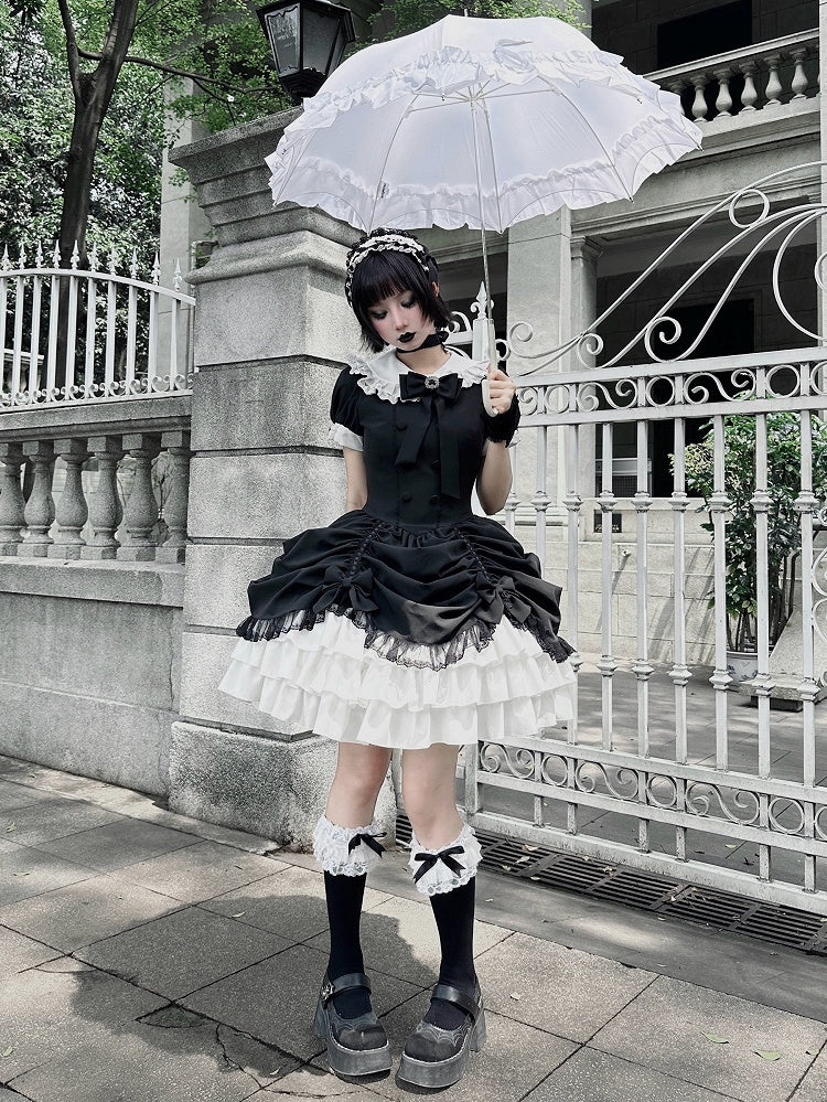 and Asymmetrical Dress Black Lolita Peter Pan White Skirt Tiered Gothic Sleeves Collar Short