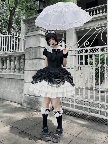 and Asymmetrical Dress Black Lolita Peter Pan White Skirt Tiered Gothic Sleeves Collar Short