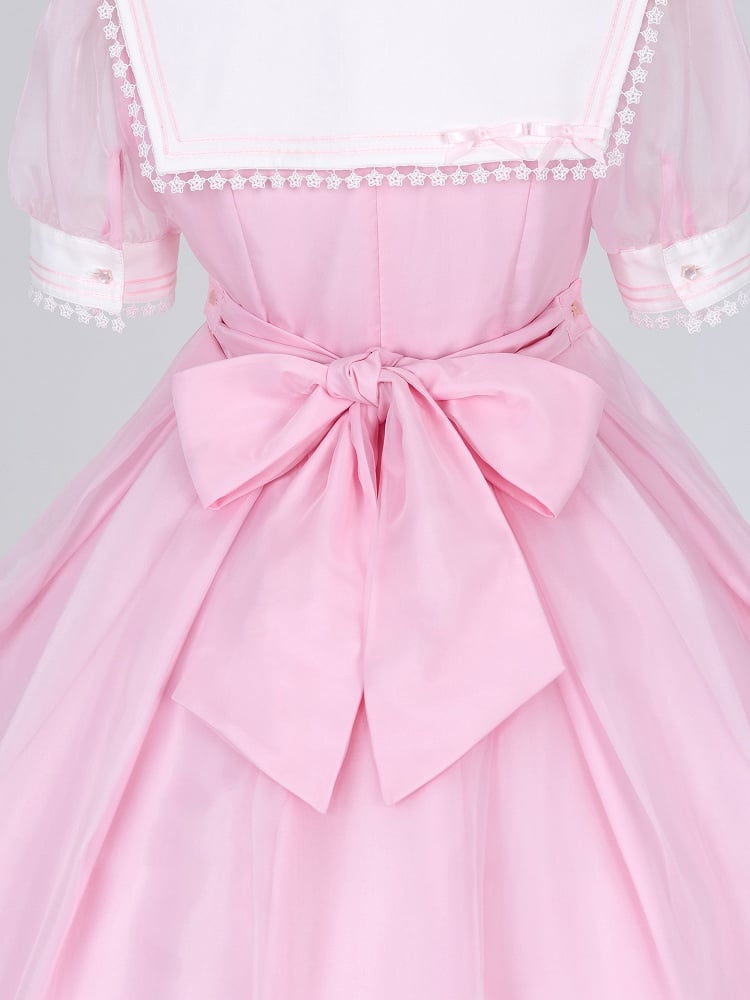 Star Lace Trimmed Sailor Collar Short Sleeves Pink Lolita-inspired Casual Dress with Free Bowtie - Magical Girl - DevilInspired Exclusive Collection