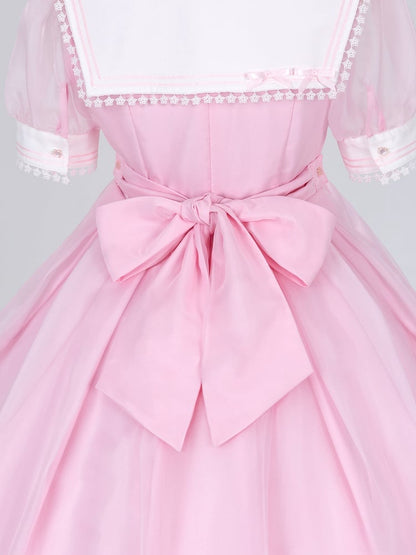 Star Lace Trimmed Sailor Collar Short Sleeves Pink Lolita-inspired Casual Dress with Free Bowtie - Magical Girl - DevilInspired Exclusive Collection