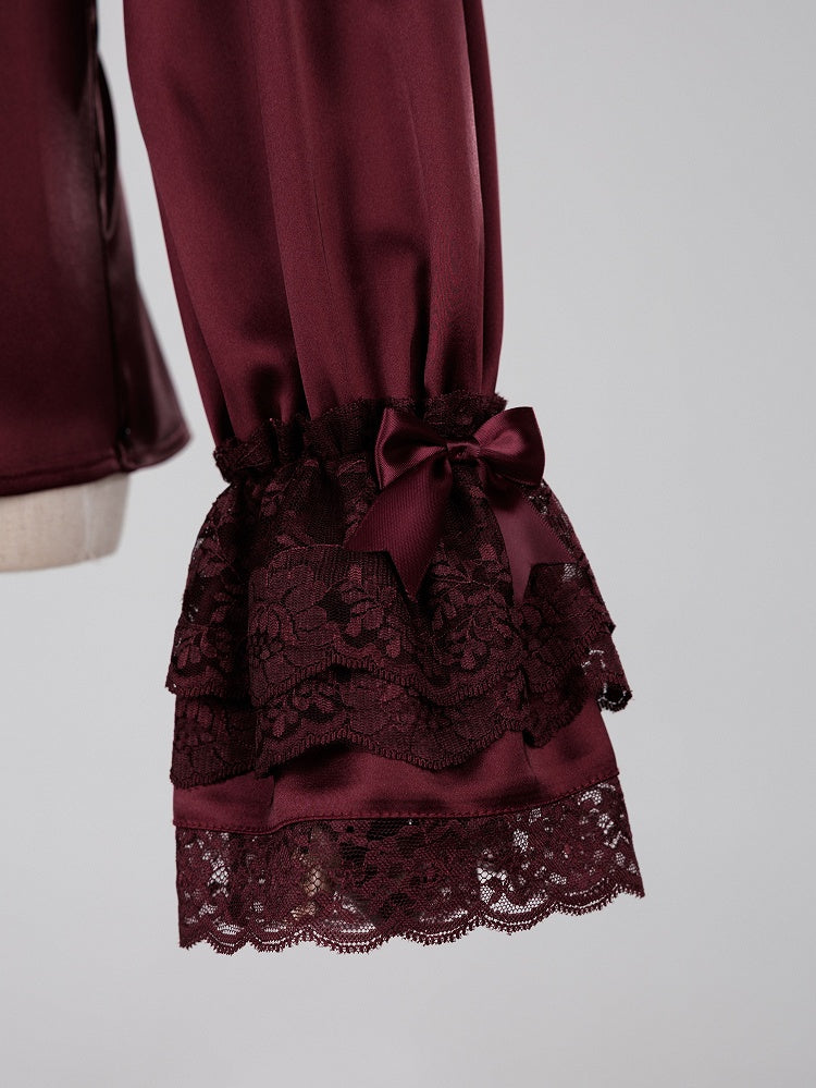 Gothic Satin Ruffle Blouse with Dramatic Collar and Lace Cuffs - DevilInspired Exclusive Collection