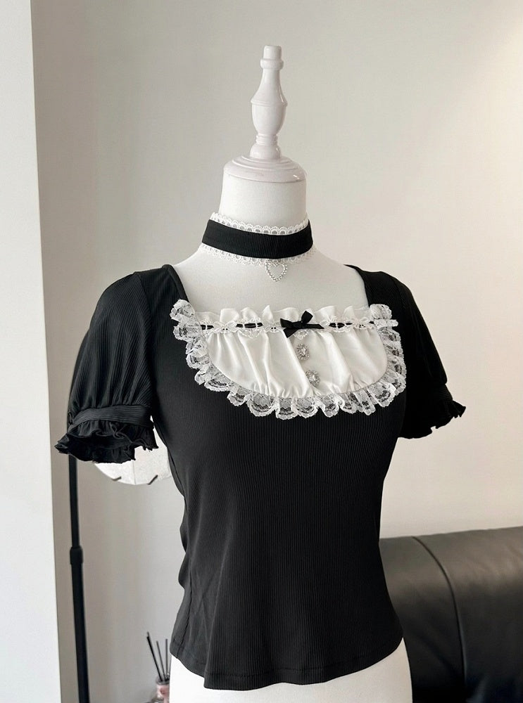 Black Square-Neck Puff-Sleeve Top, Lace & Rhinestones, with Choker - Ostslheep