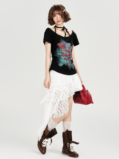Retro Off-the-shoulder Short Sleeve Top with Halter Neckline Design - Girlyhalo