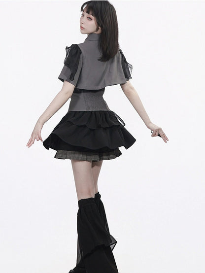 Gray Cropped Shirt with Leather Knot & Cami Set - PINK SAVIOR