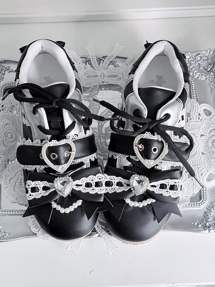 Black Jirai Kei Style Flat Shoes with Heart Buckle, Bowknot & Crystal Embellishments - Transfer Student