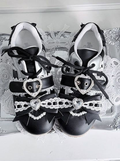 Black Jirai Kei Style Flat Shoes with Heart Buckle, Bowknot & Crystal Embellishments - Transfer Student