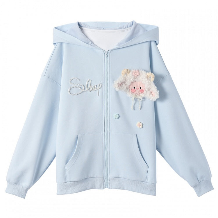 Yume Kawaii Blue Plush Lamb Knitted Floral Zip Closure Hoodie
