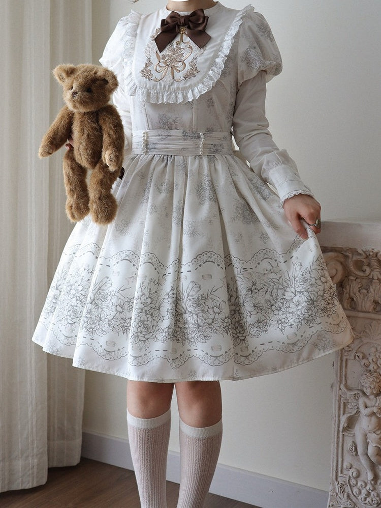 White and Piece Bodice Short Bowknot One Floral Embroidery Classic Version Lolita