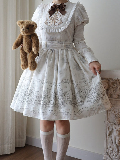White and Piece Bodice Short Bowknot One Floral Embroidery Classic Version Lolita