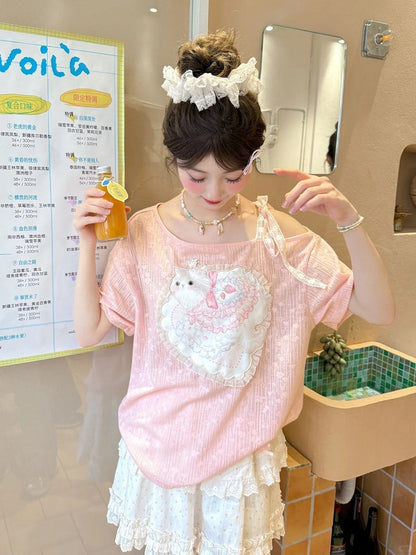 Sweet Cat Applique T-Shirt Pink Asymmetrical Neckline