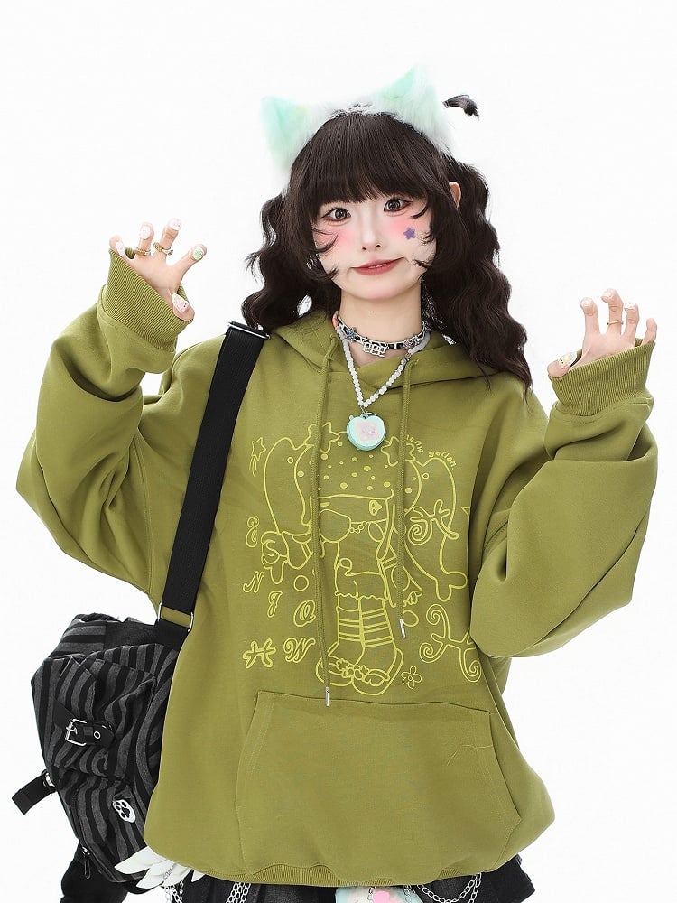 Cartoon Green/White/Blue Star Pocket Girl Daily Pattern and - Kawaii Convenient Hoodie