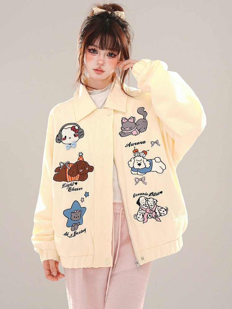 Pink/Apricot Cute Animal Zip Placket Baseball Jacket