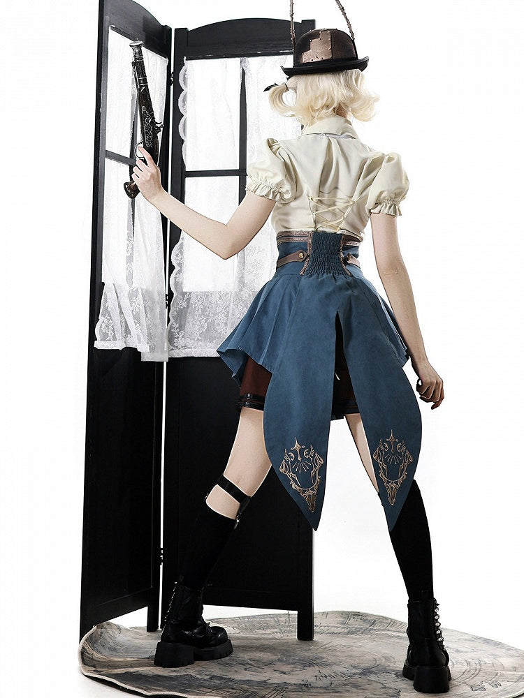 White Prince Style Short Sleeve Lolita Blouse with Lace-Up - Xiong Dou Jiang