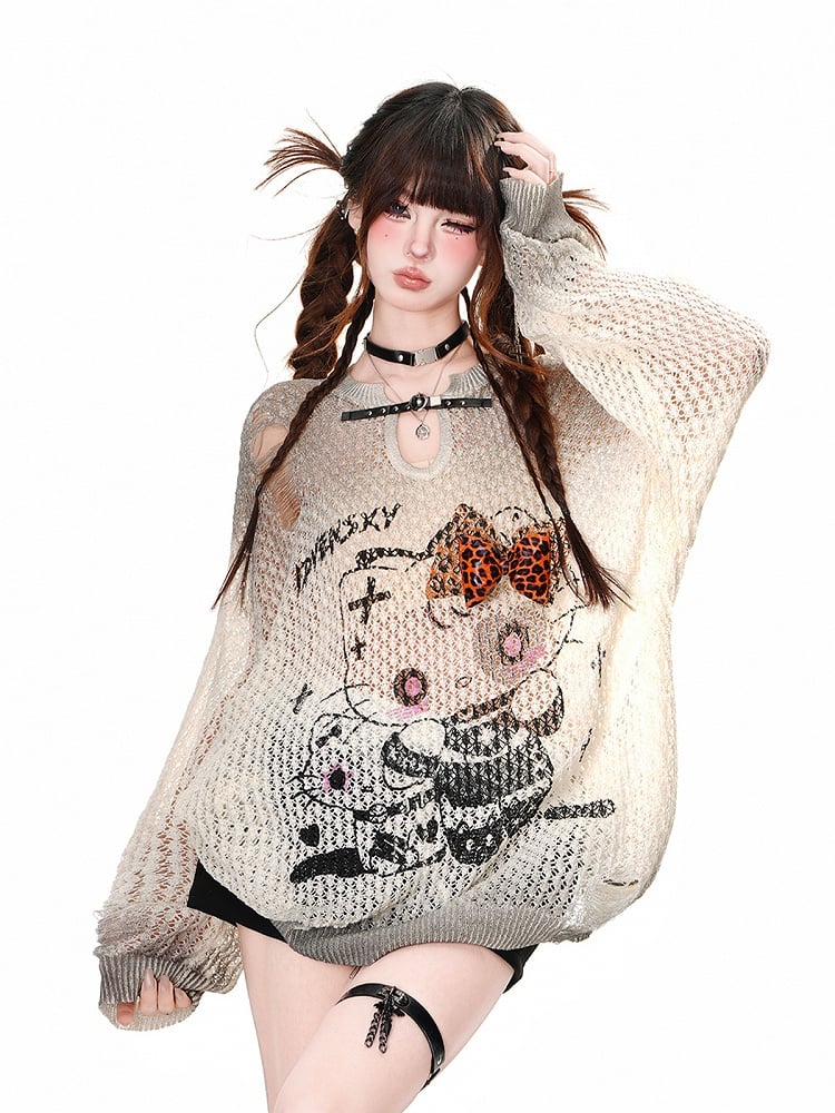 Top Kitty Print Pink/Apricot/Schwarz Distressed Löcher Sommer Sonnenschutz Aushöhlen