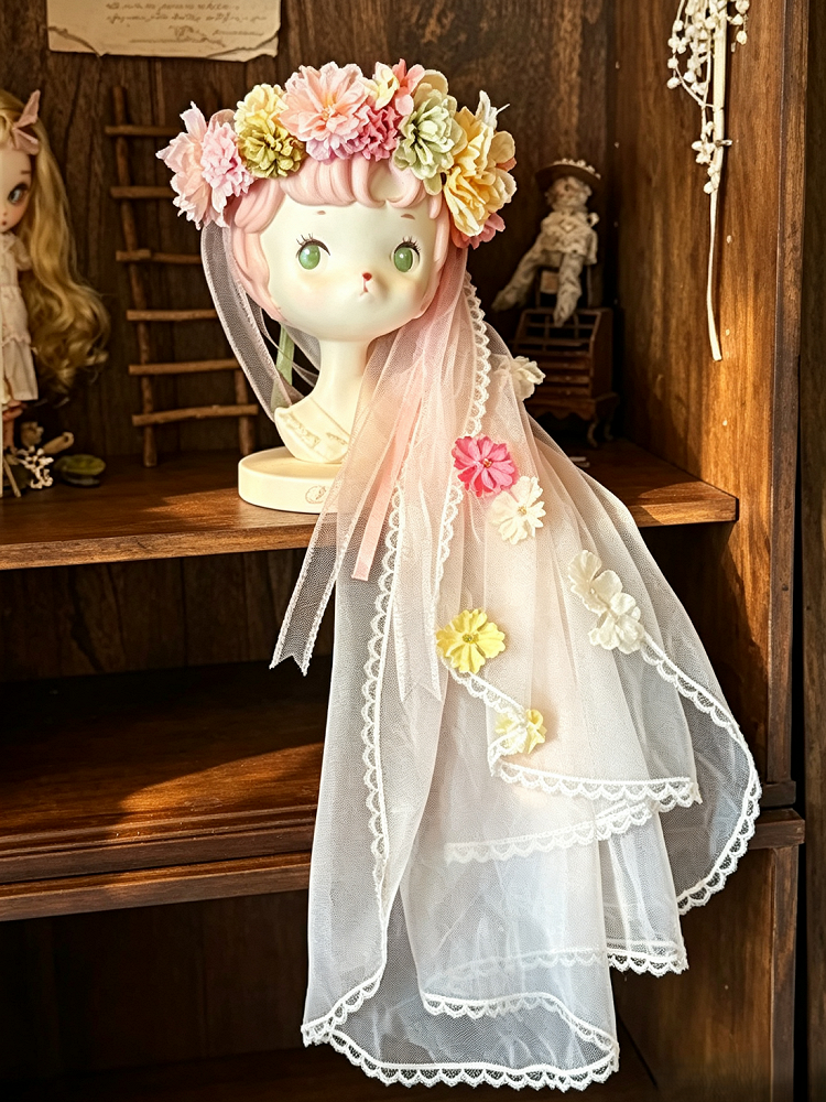 Pink and Green Lolita Floral Crown with Sheer Veil - Sweetheart Macaron Lolita
