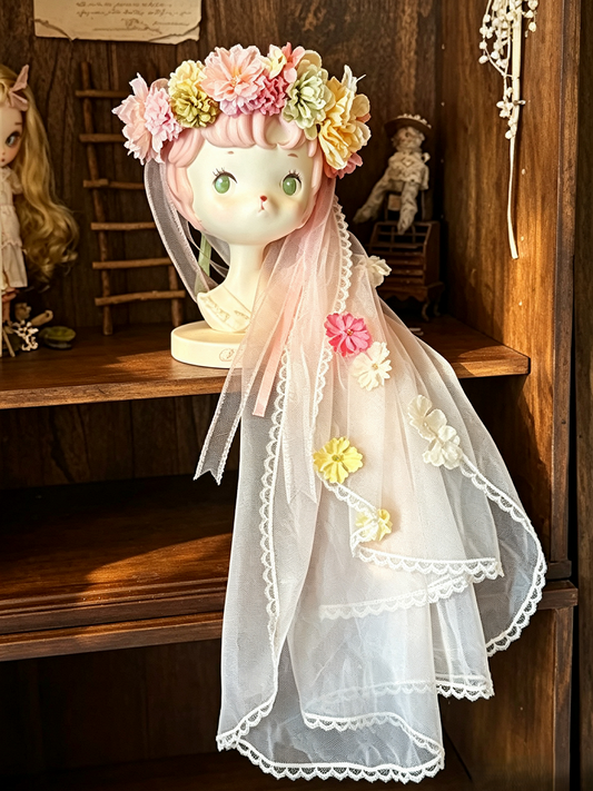 Pink and Green Lolita Floral Crown with Sheer Veil - Sweetheart Macaron Lolita