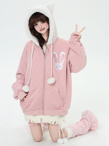 Schwarz/Rosa Kapuzenjacke mit Hasen-Katzenohren-Design