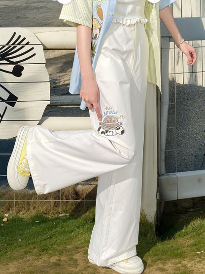 Taille Cartoon Tier Stickerei Regelmäßige/Lange Weite Bein Hosen Beige Hohe Version