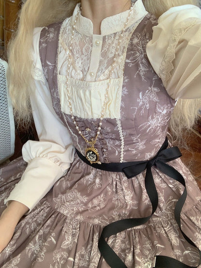 Brown & White Rosette Print Elegant Classic Lolita JSK Dress with Lace Trim