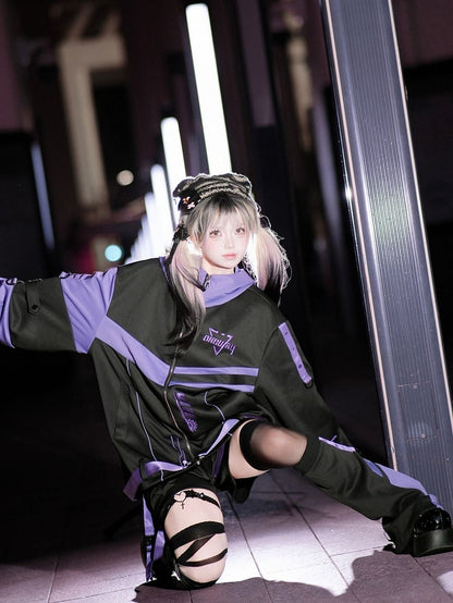 Colorblock Cyberpunk Warmers Leg Embroidered Black Purple