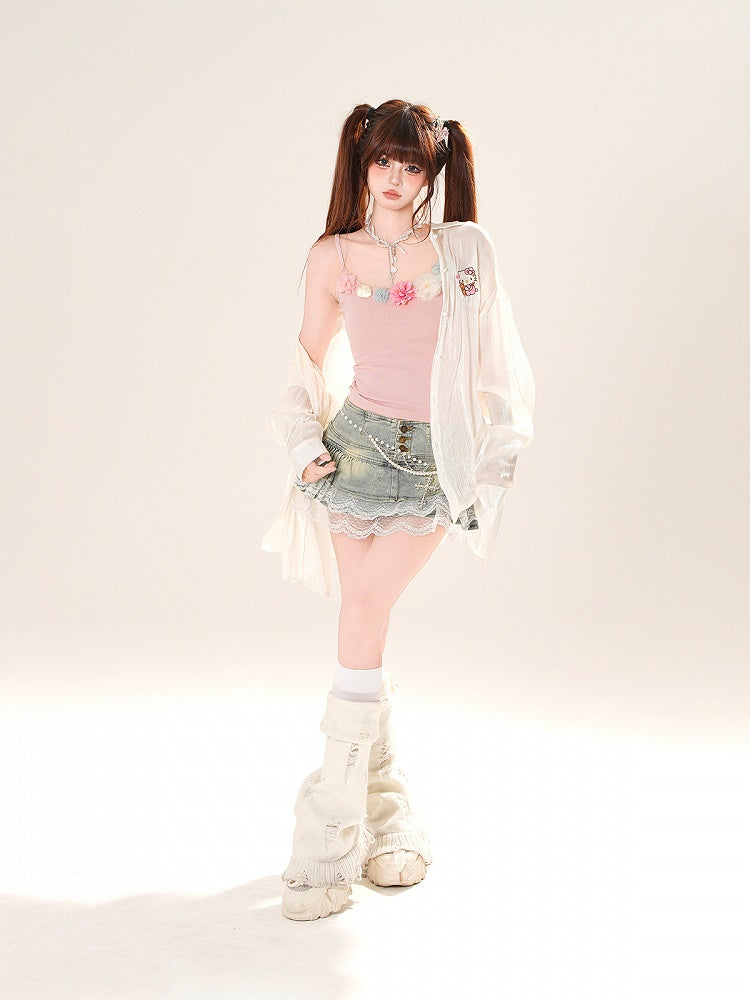 ハートピンク/アプリコットサンプロテクションシャツ フリルバックリボンディテール