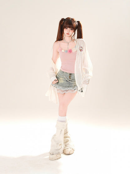 ハートピンク/アプリコットサンプロテクションシャツ フリルバックリボンディテール