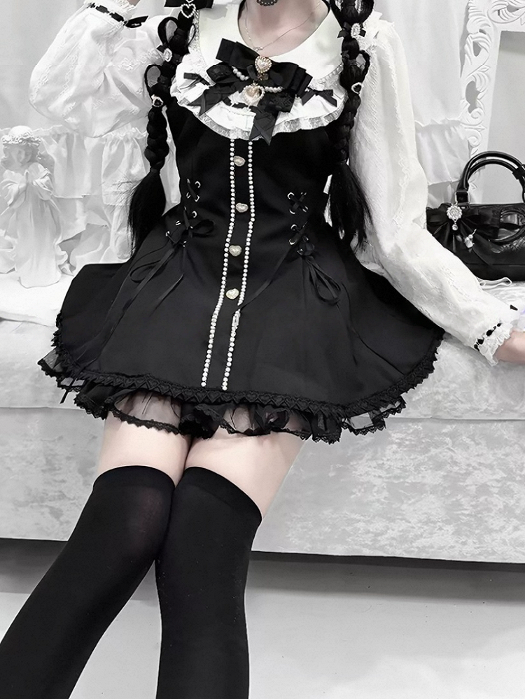Black & White Jirai-Kei Lace Long Sleeve Dress with Bow & Bead Decorations + Shorts - AOSpace