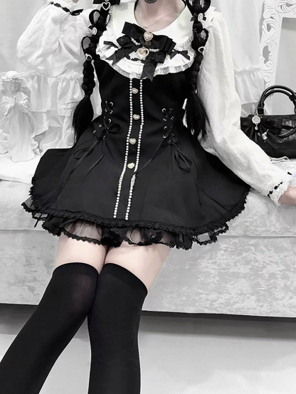 Black & White Jirai-Kei Lace Long Sleeve Dress with Bow & Bead Decorations + Shorts - AOSpace