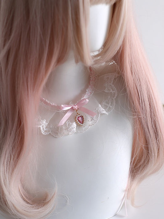 Lace Choker With Heart White Pink Charm Bowknot And Sweet