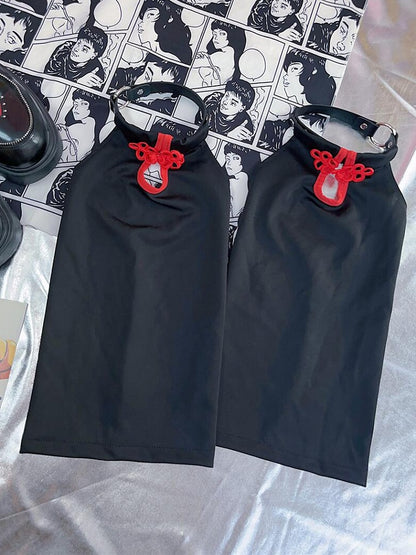 Y2K Beinwärmer SchwarzRot Knotenknopf Cheongsam Stil