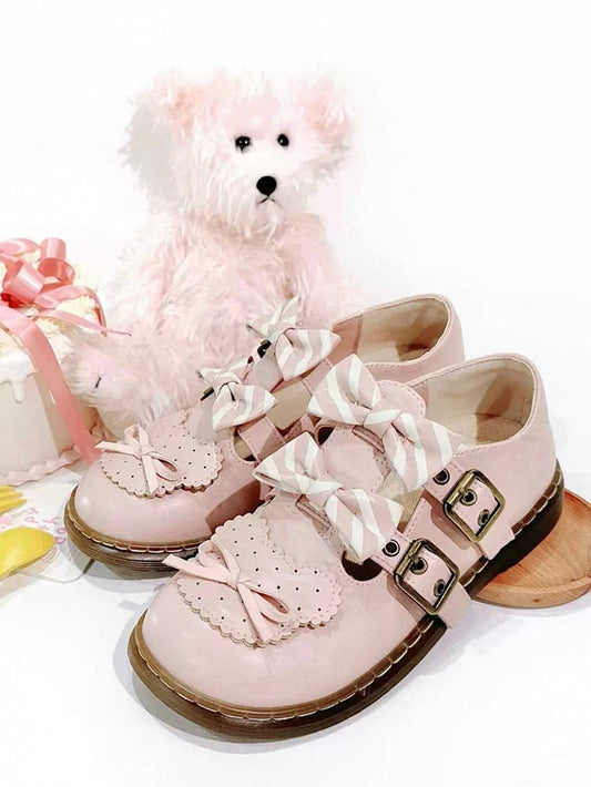 Pattern Bowknot Flats Bear Details Lolita Design Striped Pink