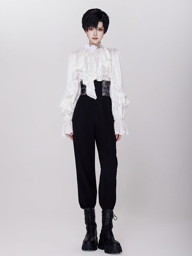 High-Waist Black Ouji Pants with Rosette Print and Buckles - DevilInspired Exclusive Collection