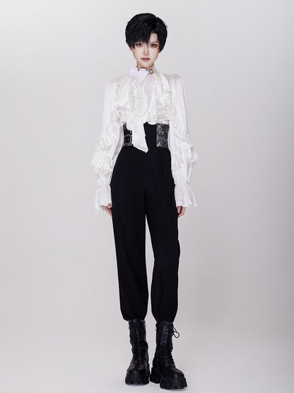 High-Waist Black Ouji Pants with Rosette Print and Buckles - DevilInspired Exclusive Collection