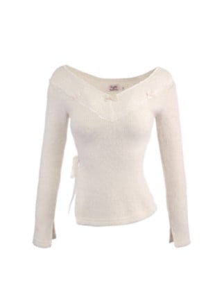 Pullover mit Schleifenakzenten und verspieltem Banddetail, weißer Strick mit Spitzenbesatz und V-Ausschnitt