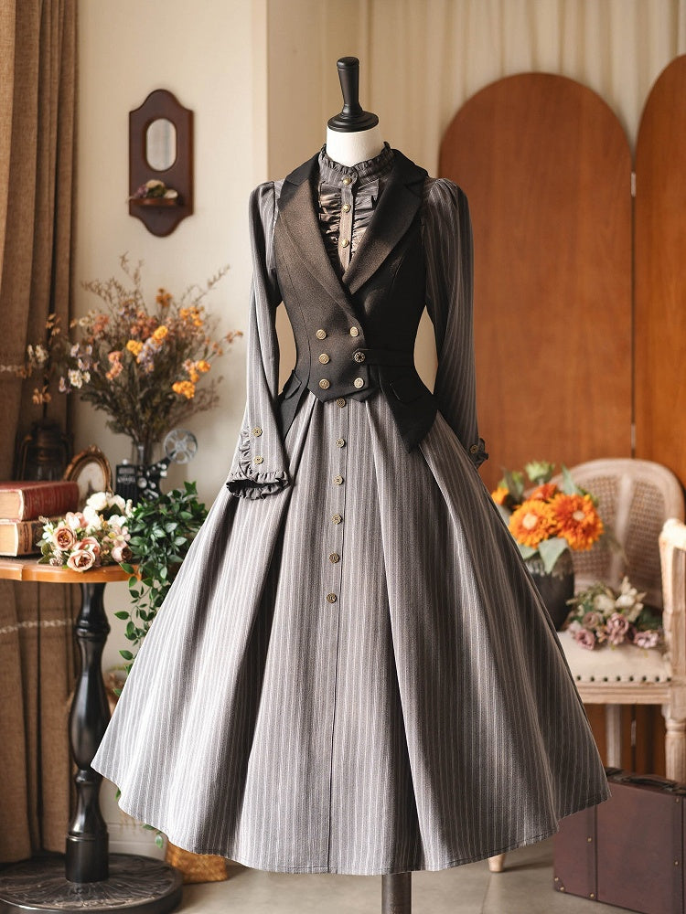 Ruffle Details and with Lacing Gray Back Side Striped Vintage Zipper Dress
