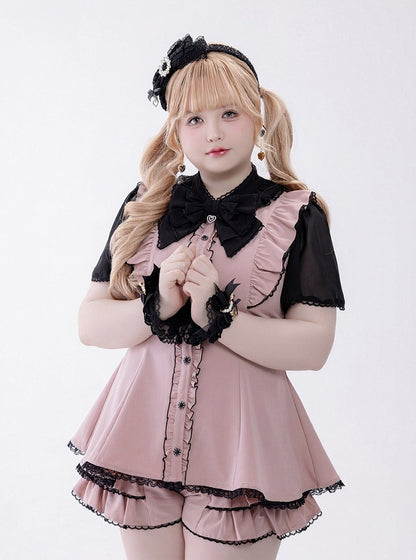 Black and Pink Chiffon Ruffle Dress with Lace, Shorts, and Bow Set - Fluffy Heart