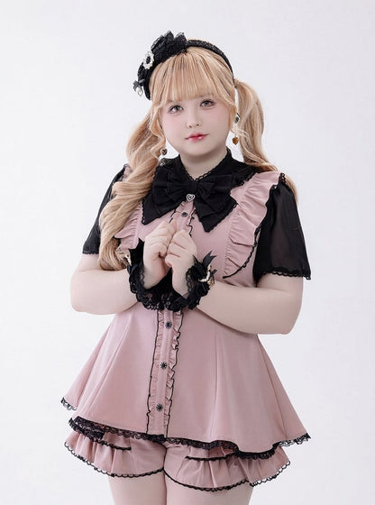 Chiffon Ruffle Dress with Lace Trim and Bow Set - Fluffy Heart