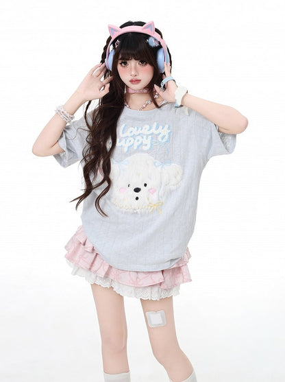 Loose Adorable Plush Puppy Black/Light Blue T-Shirt Round Neck