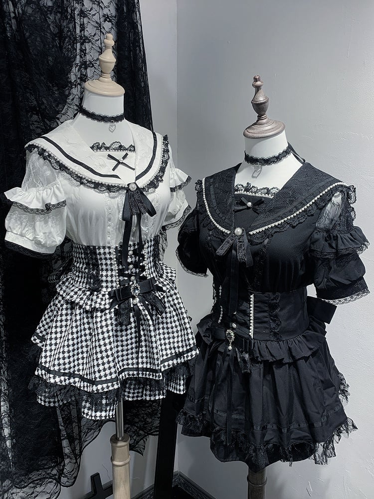 Ärmel Bluse Schulter Kurz Perlen Jirai Kei Cutout mit Matrosenkragen Schwarz/Weiß