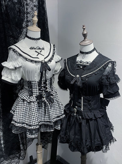 Ärmel Bluse Schulter Kurz Perlen Jirai Kei Cutout mit Matrosenkragen Schwarz/Weiß