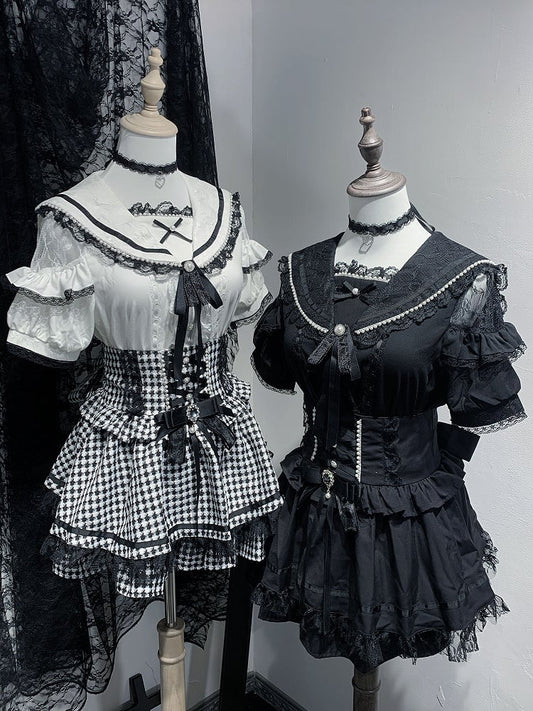 Ärmel Bluse Schulter Kurz Perlen Jirai Kei Cutout mit Matrosenkragen Schwarz/Weiß