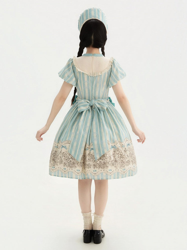 and Floral Blue Embroidery Classic One Bowknot Piece Striped Bodice Version Lolita Short Pattern