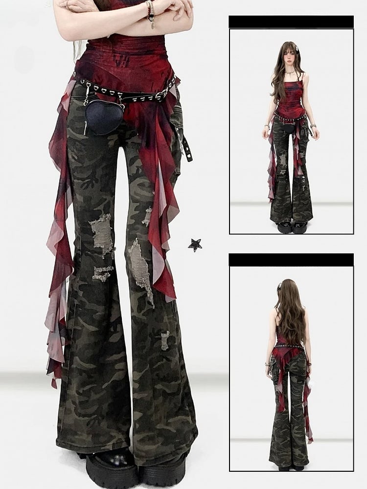 Holes Flare Jeans Camo Green Silhouette Details Pattern Distressed Army