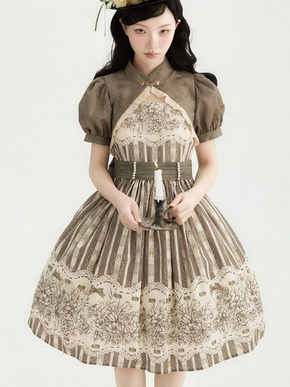 Print Skirt Version Jumper Clock Classic Brown Floral and Short Lolita