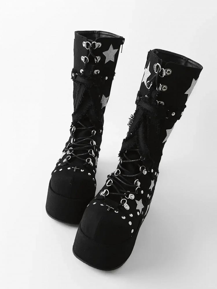 Font Shining Heels Gyaru Chunky Boots Star Plateau Schwarz Schnürung Wadenlang