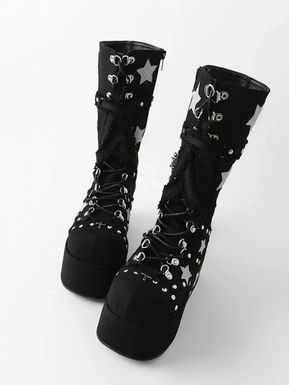 Font Shining Heels Gyaru Chunky Boots Star Plateau Schwarz Schnürung Wadenlang