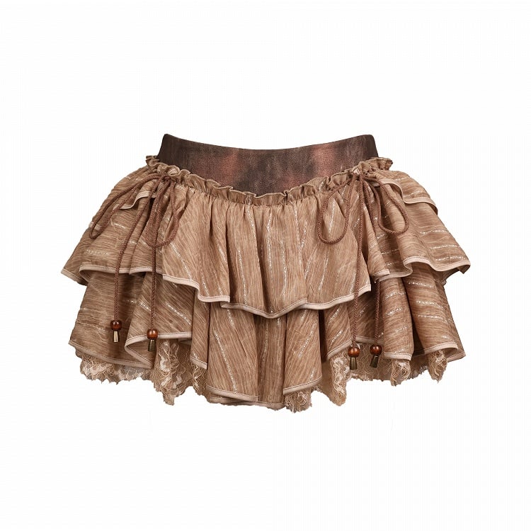 Brown Chiffon Tiered Ruffled Skirt with Lace and Shorts - Virtual Orbit