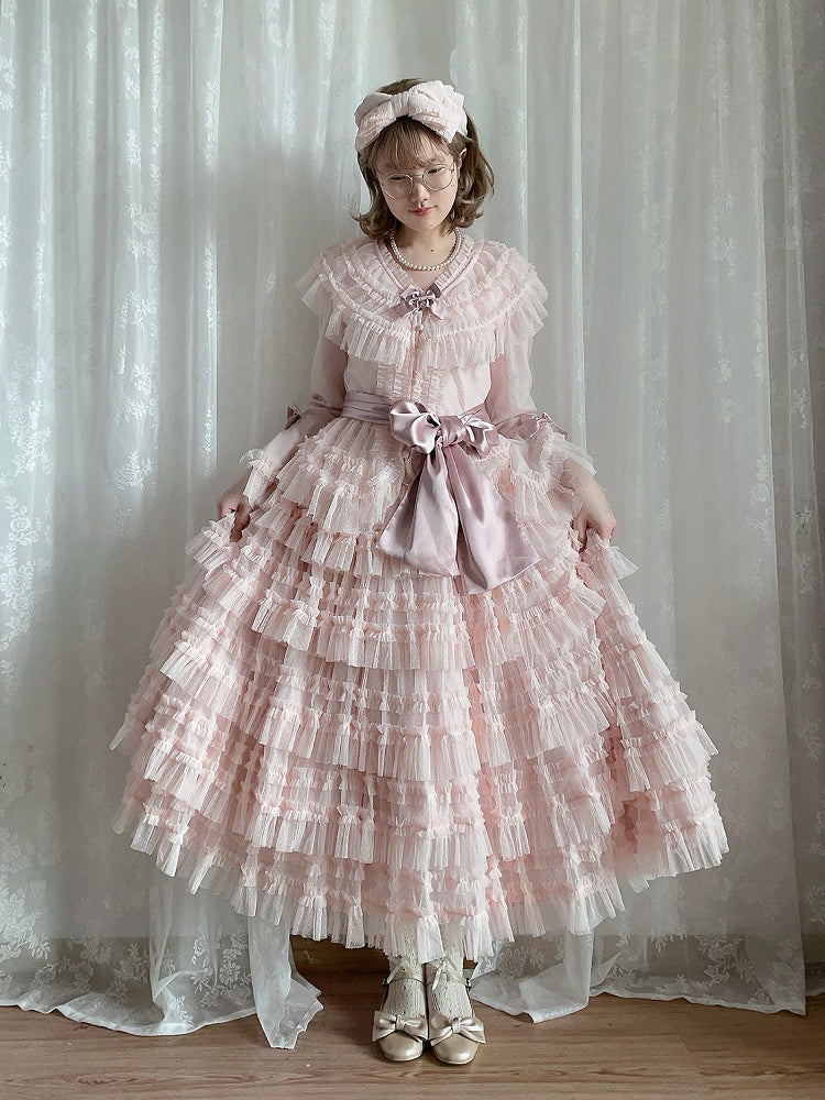 Multi-layered Set Blouse + Belt - Mesh Elegant Bell Sleeves Waist Skirt Lolita Cotton Vest Pink Classic Tulle Dotted
