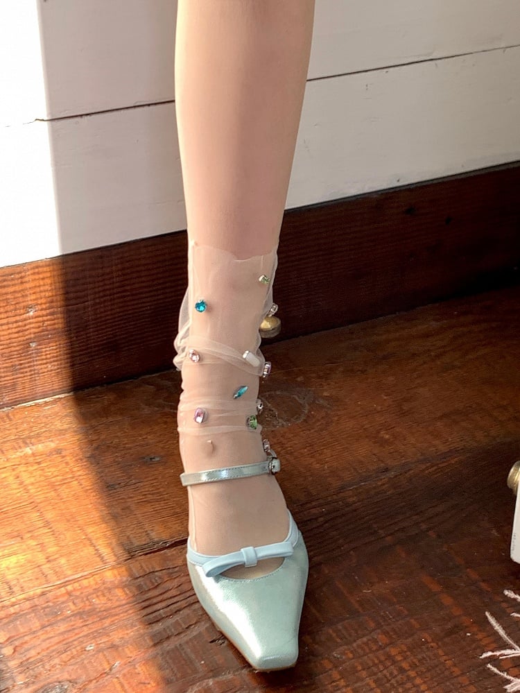 ソックス装飾ラインストーンカーフホワイト